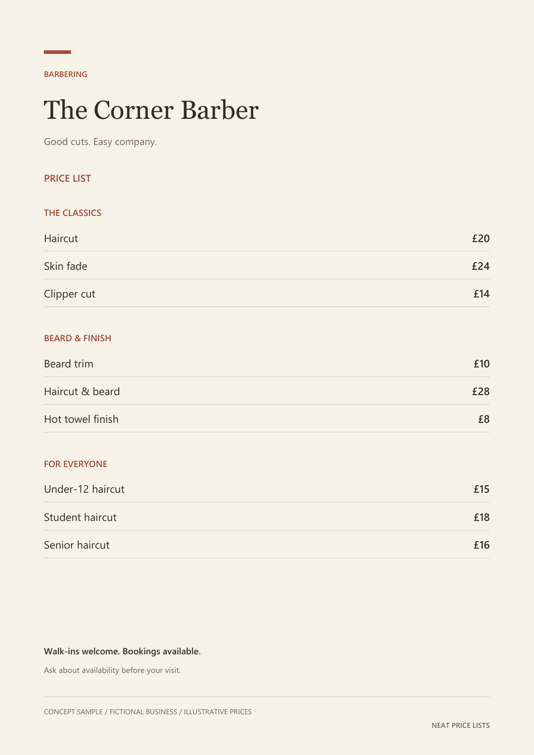 Classic cream and rust barber price list